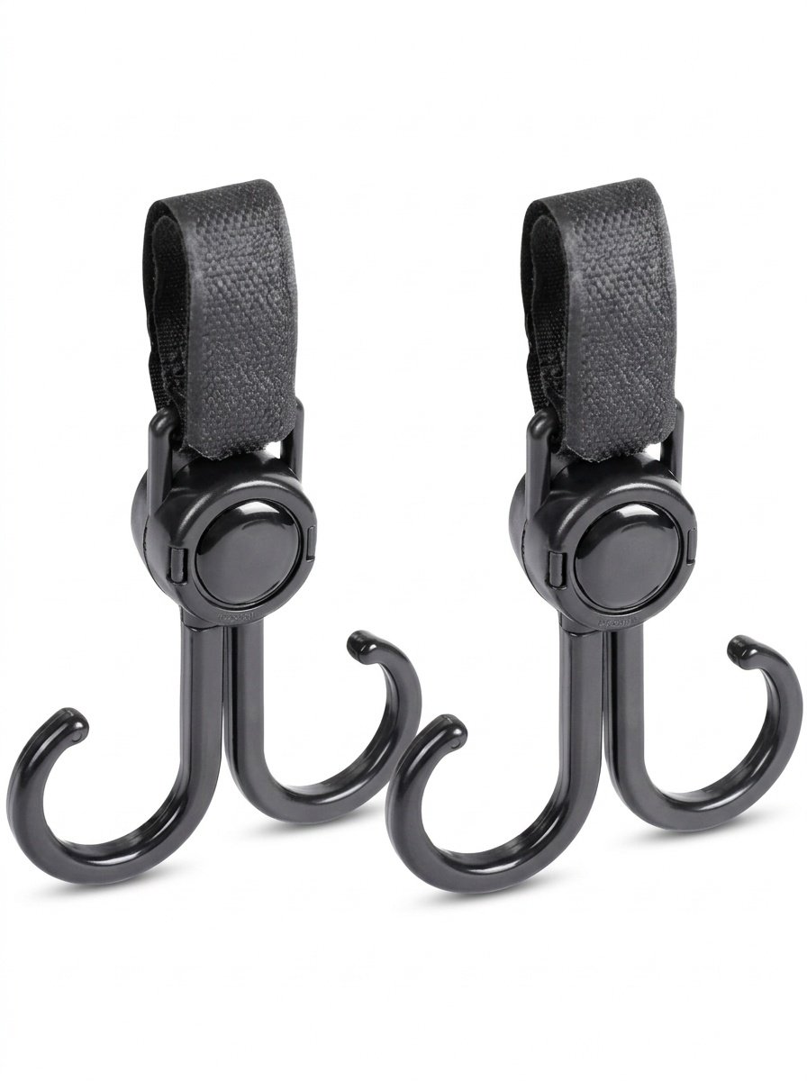 Ganci universali per passeggino, clip girevoli a 360° resistenti con cinghie di fissaggio regolabili per borse per pannolini e spesa.