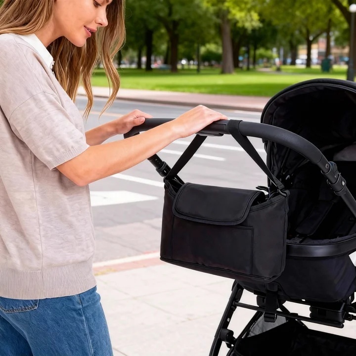 Bolsa organizadora universal para cochecito con correa para el hombro, organizador de pañales con múltiples bolsillos, portabotellas isotérmicos y bolsillo impermeable para pañuelos.
