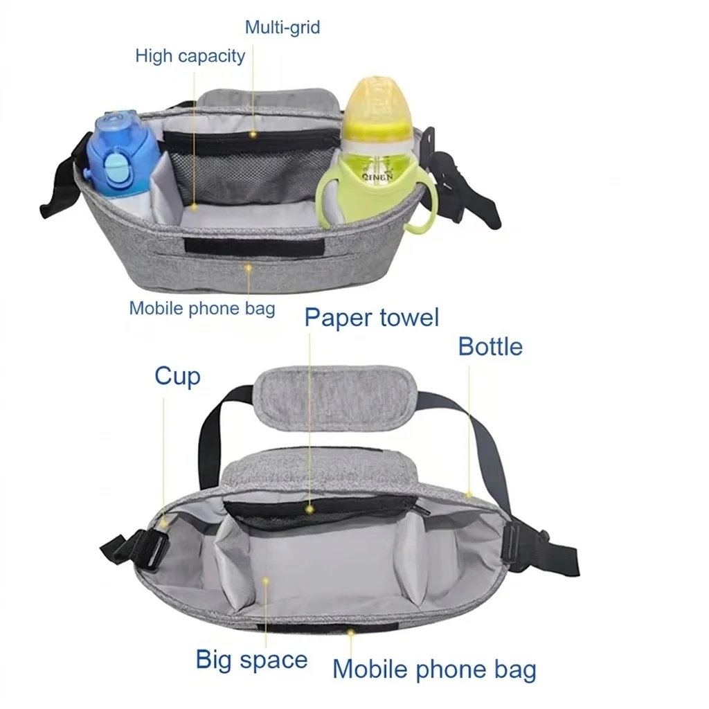 Borsa organizer universale per passeggino con tracolla, contenitore multi-tasca per pannolini con portabottiglie termici e tasca impermeabile per fazzoletti.