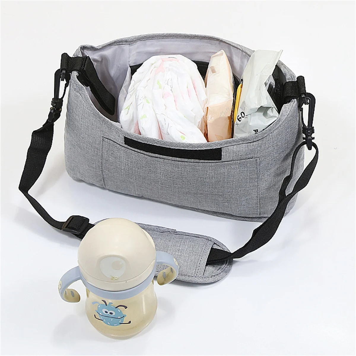 Borsa organizer universale per passeggino con tracolla, contenitore multi-tasca per pannolini con portabottiglie termici e tasca impermeabile per fazzoletti.