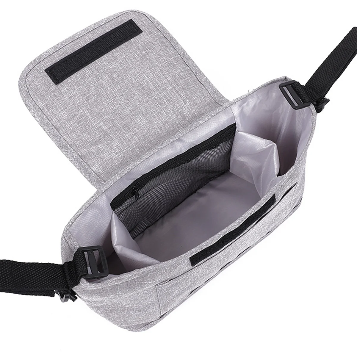 Borsa organizer universale per passeggino con tracolla, contenitore multi-tasca per pannolini con portabottiglie termici e tasca impermeabile per fazzoletti.