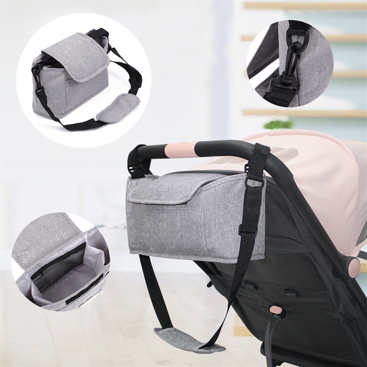 Bolsa organizadora universal para cochecito con correa para el hombro, organizador de pañales con múltiples bolsillos, portabotellas isotérmicos y bolsillo impermeable para pañuelos.