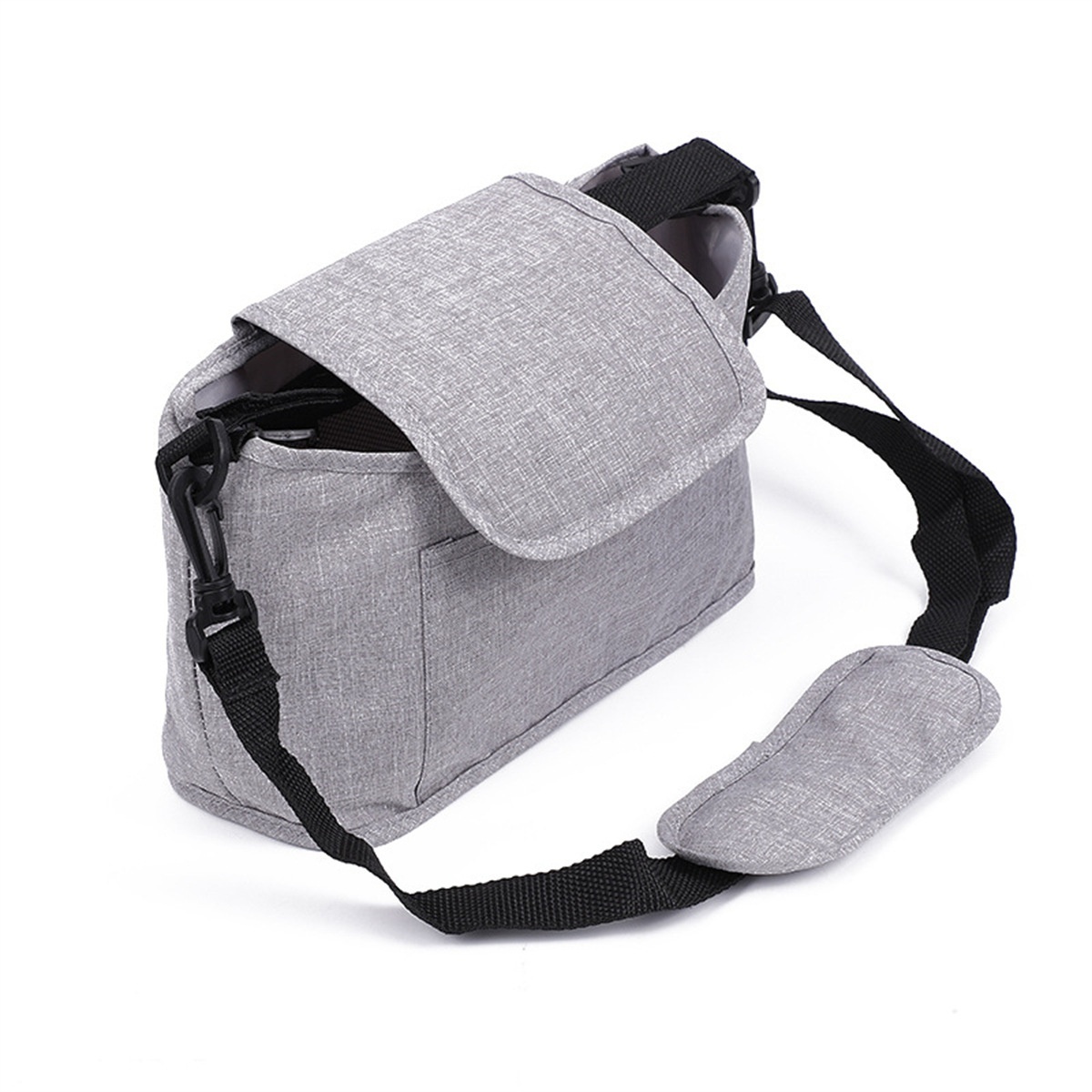 Bolsa organizadora universal para cochecito con correa para el hombro, organizador de pañales con múltiples bolsillos, portabotellas isotérmicos y bolsillo impermeable para pañuelos.