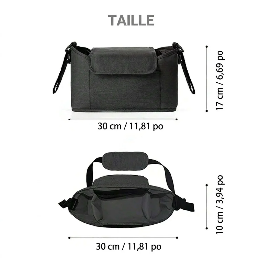 Sac organisateur universel pour poussette avec bandoulière, panier à langer multi-poches avec porte-biberons isothermes et poche imperméable pour mouchoirs.