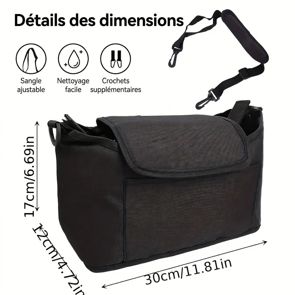 Sac organisateur universel pour poussette avec bandoulière, panier à langer multi-poches avec porte-biberons isothermes et poche imperméable pour mouchoirs.