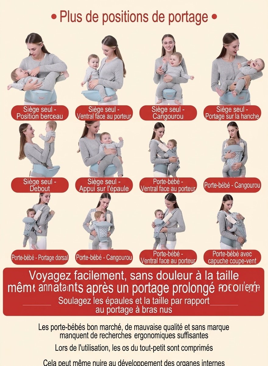 Porte-bébé ergonomique avec assise amovible, porte-bébé multi-positions avec soutien lombaire et poches de rangement pour les bébés de 0 à 36 mois