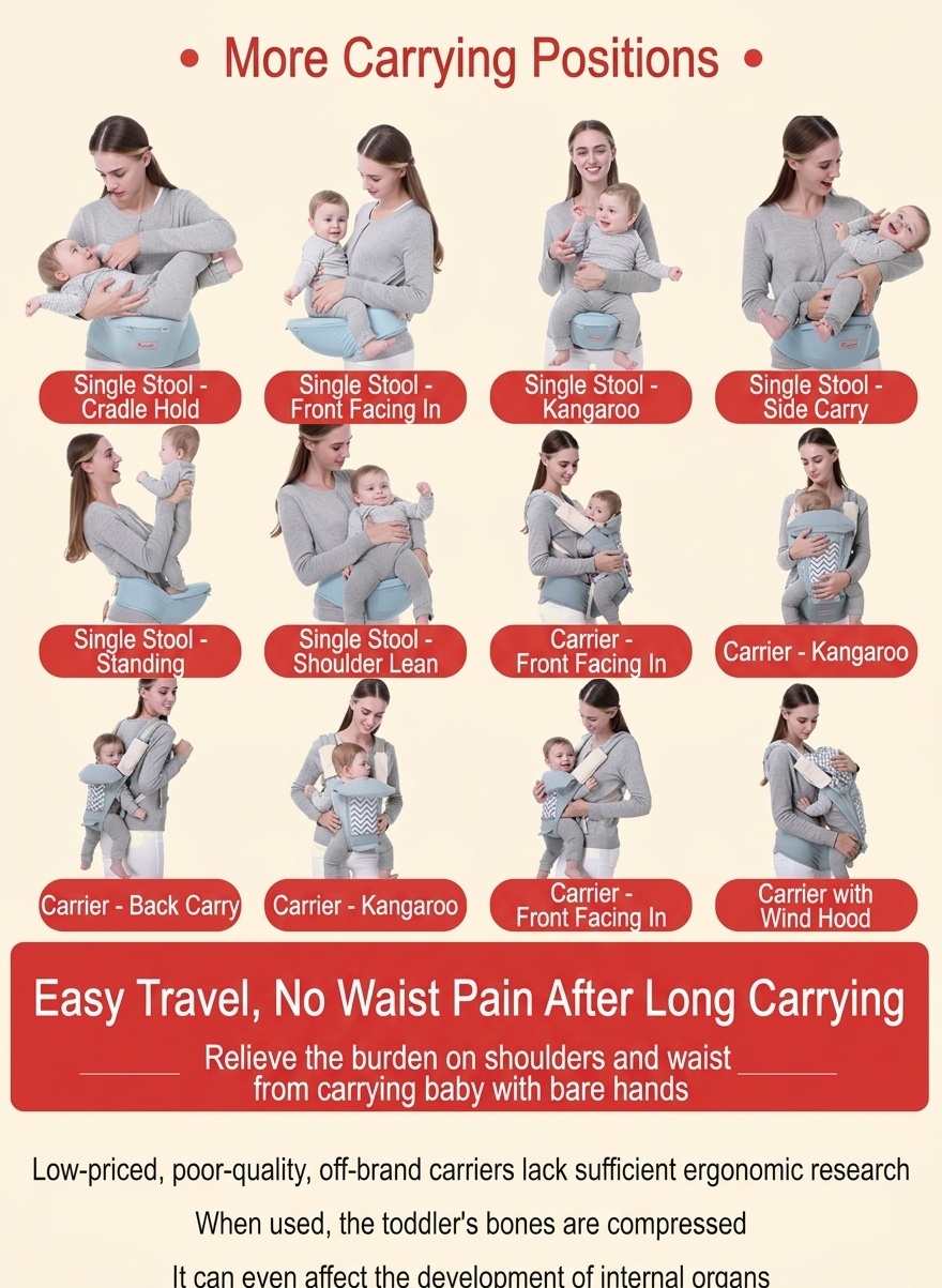 Ergonomic Baby Carrier with Detachable Hip Seat, Multi-Position Infant Carrier with Lumbar Support and Storage Pockets for 0-36 Months