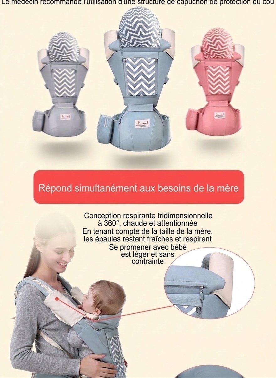 Porte-bébé ergonomique avec assise amovible, porte-bébé multi-positions avec soutien lombaire et poches de rangement pour les bébés de 0 à 36 mois