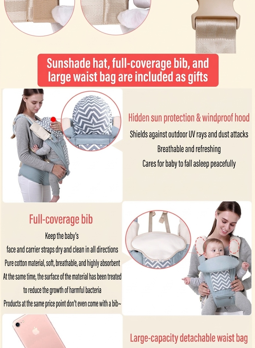 Ergonomic Baby Carrier with Detachable Hip Seat, Multi-Position Infant Carrier with Lumbar Support and Storage Pockets for 0-36 Months