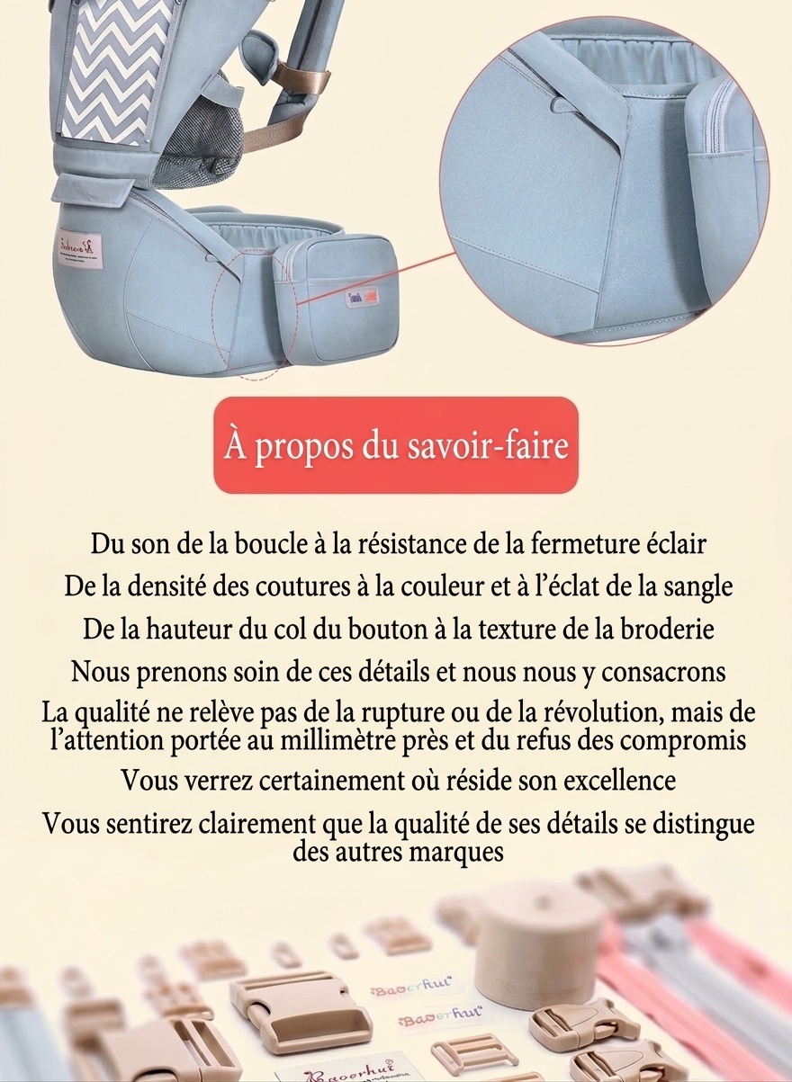 Porte-bébé ergonomique avec assise amovible, porte-bébé multi-positions avec soutien lombaire et poches de rangement pour les bébés de 0 à 36 mois
