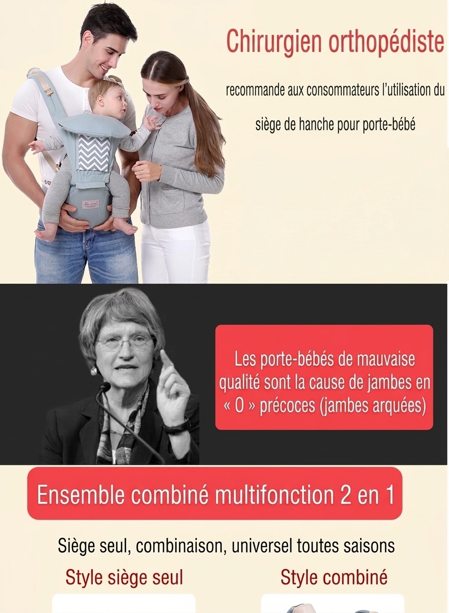 Porte-bébé ergonomique avec assise amovible, porte-bébé multi-positions avec soutien lombaire et poches de rangement pour les bébés de 0 à 36 mois