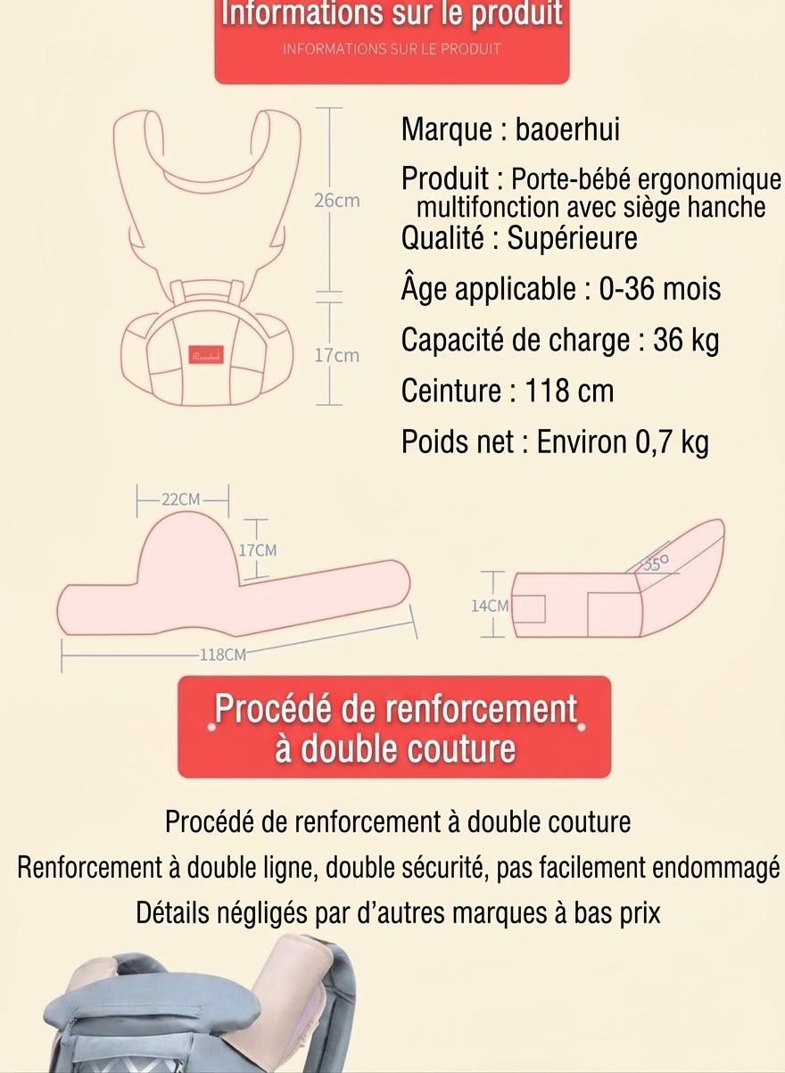 Porte-bébé ergonomique avec assise amovible, porte-bébé multi-positions avec soutien lombaire et poches de rangement pour les bébés de 0 à 36 mois