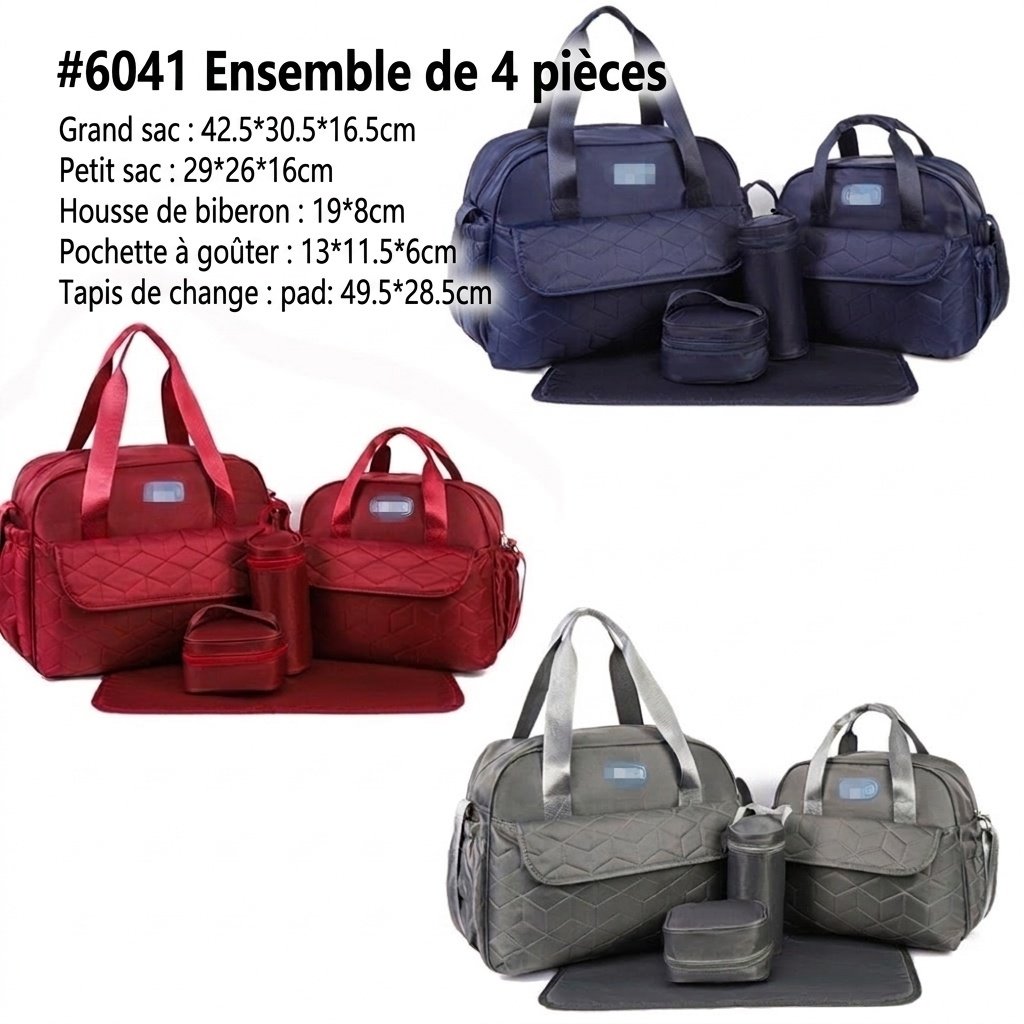 Ensemble de 5 pièces pour bébé : sac à langer matelassé, sac de voyage imperméable multipoches avec matelas à langer, sac isotherme pour biberon et pochette alimentaire.