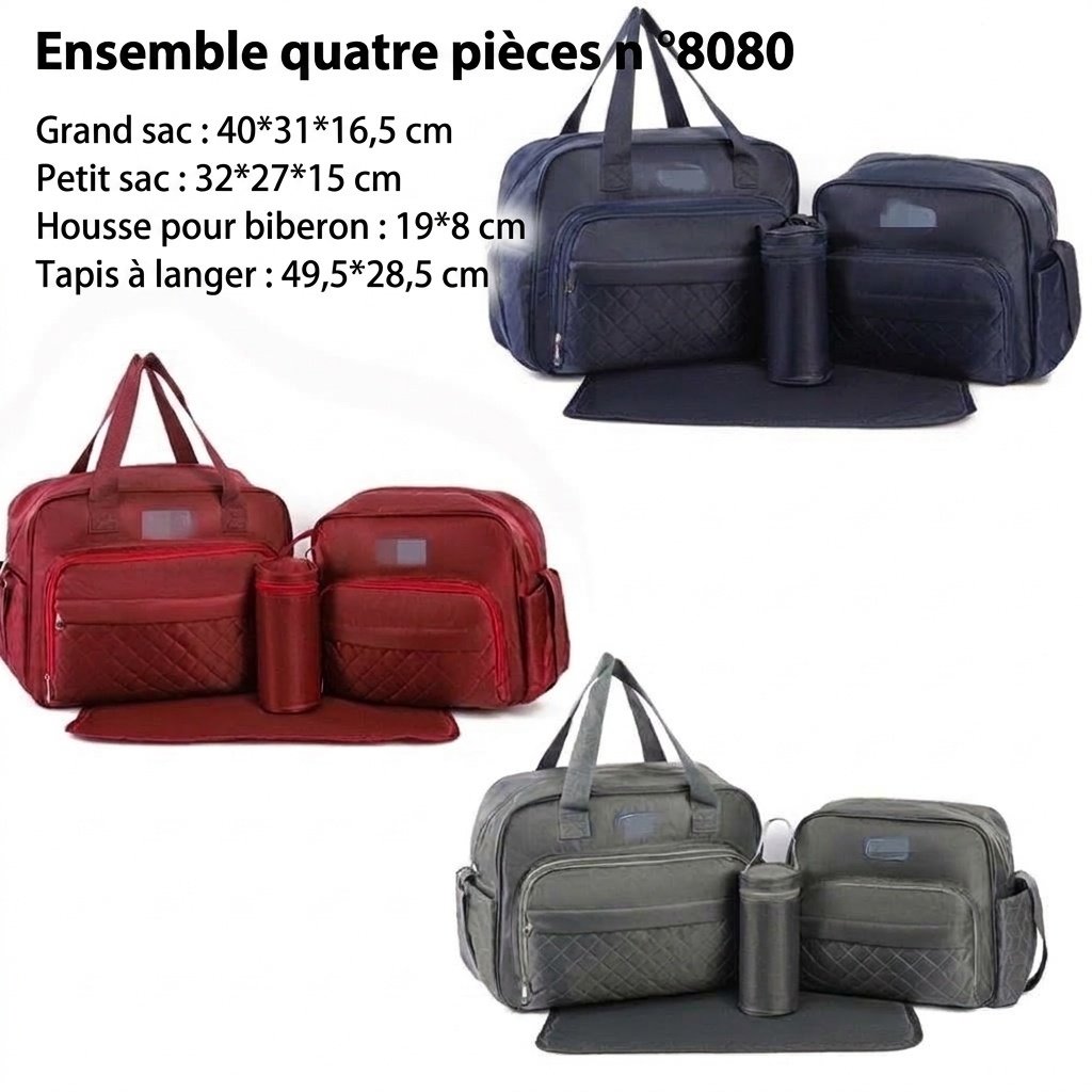 Ensemble de 4 pièces pour bébé : sac à langer matelassé, sac bandoulière multifonction avec matelas à langer, porte-biberon isotherme et petite pochette de rangement.