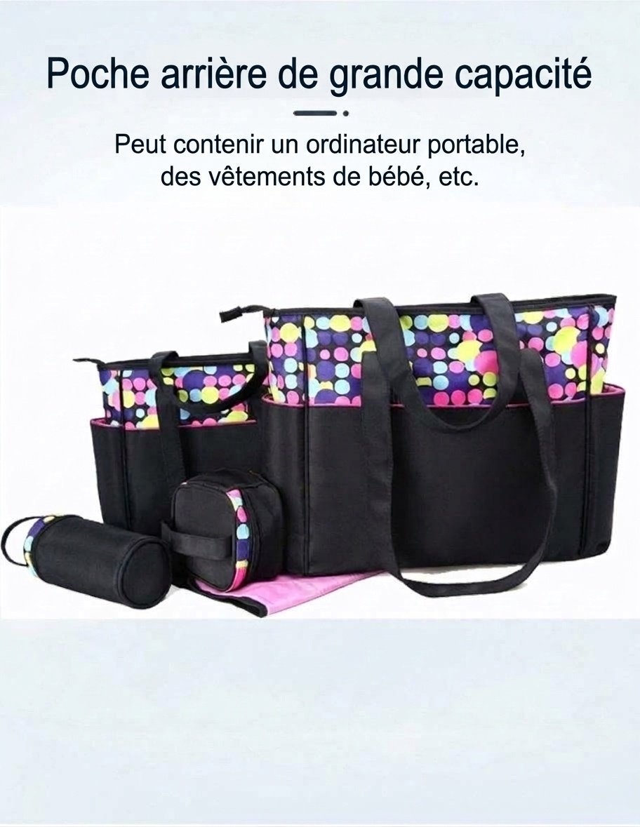 Ensemble de 5 pièces pour bébé : sac à langer imperméable, grand sac de voyage avec matelas à langer, sac isotherme pour biberon et pochette à goûter.