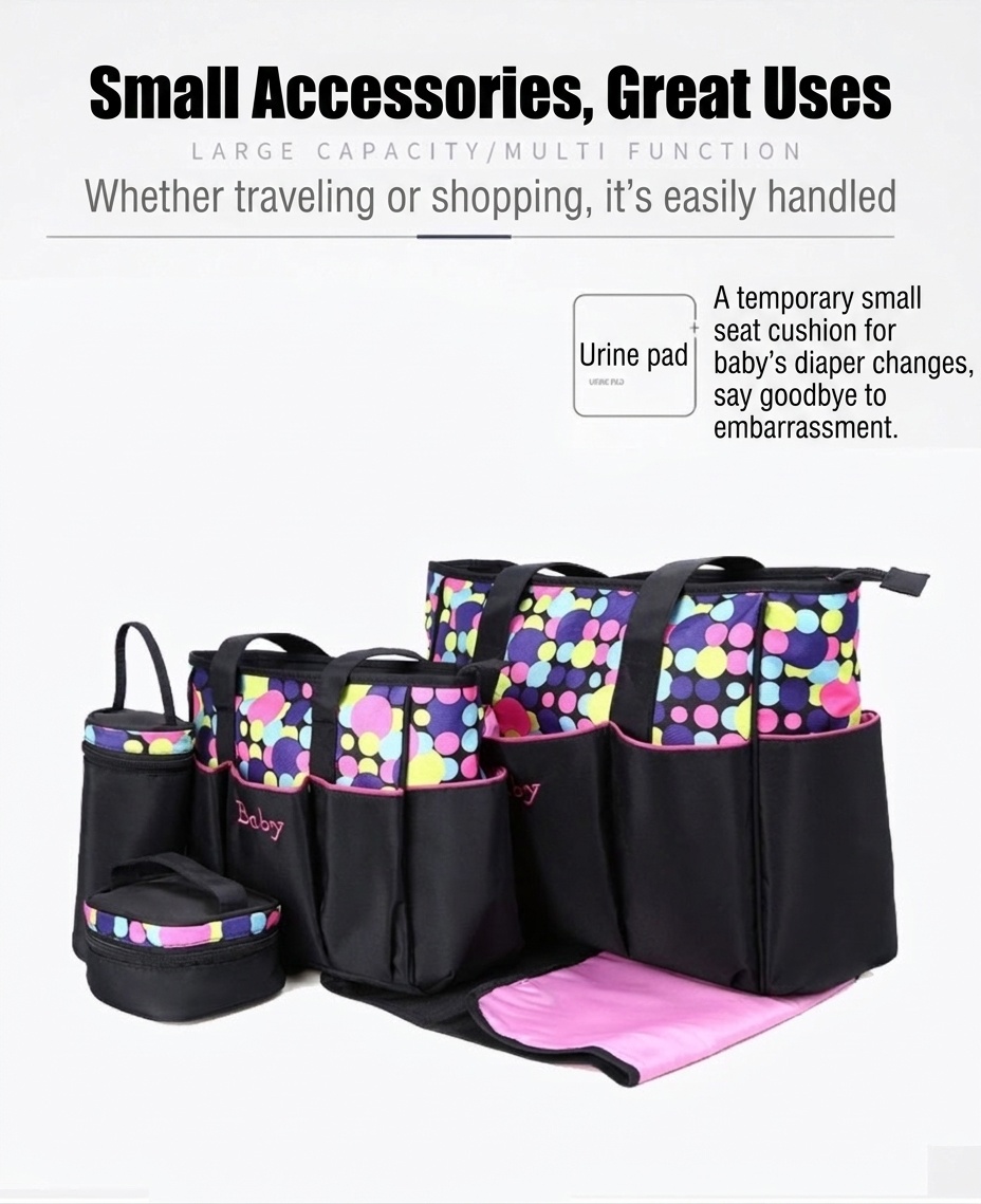 Set di 5 pezzi impermeabile per pannolini per neonati, borsa da viaggio capiente con fasciatoio, borsa termica per biberon e marsupio.