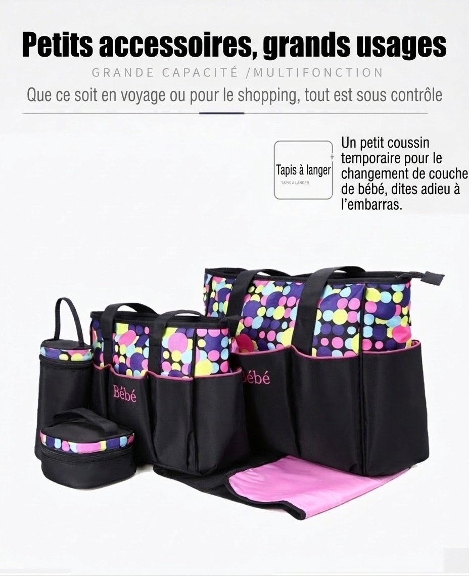 Ensemble de 5 pièces pour bébé : sac à langer imperméable, grand sac de voyage avec matelas à langer, sac isotherme pour biberon et pochette à goûter.