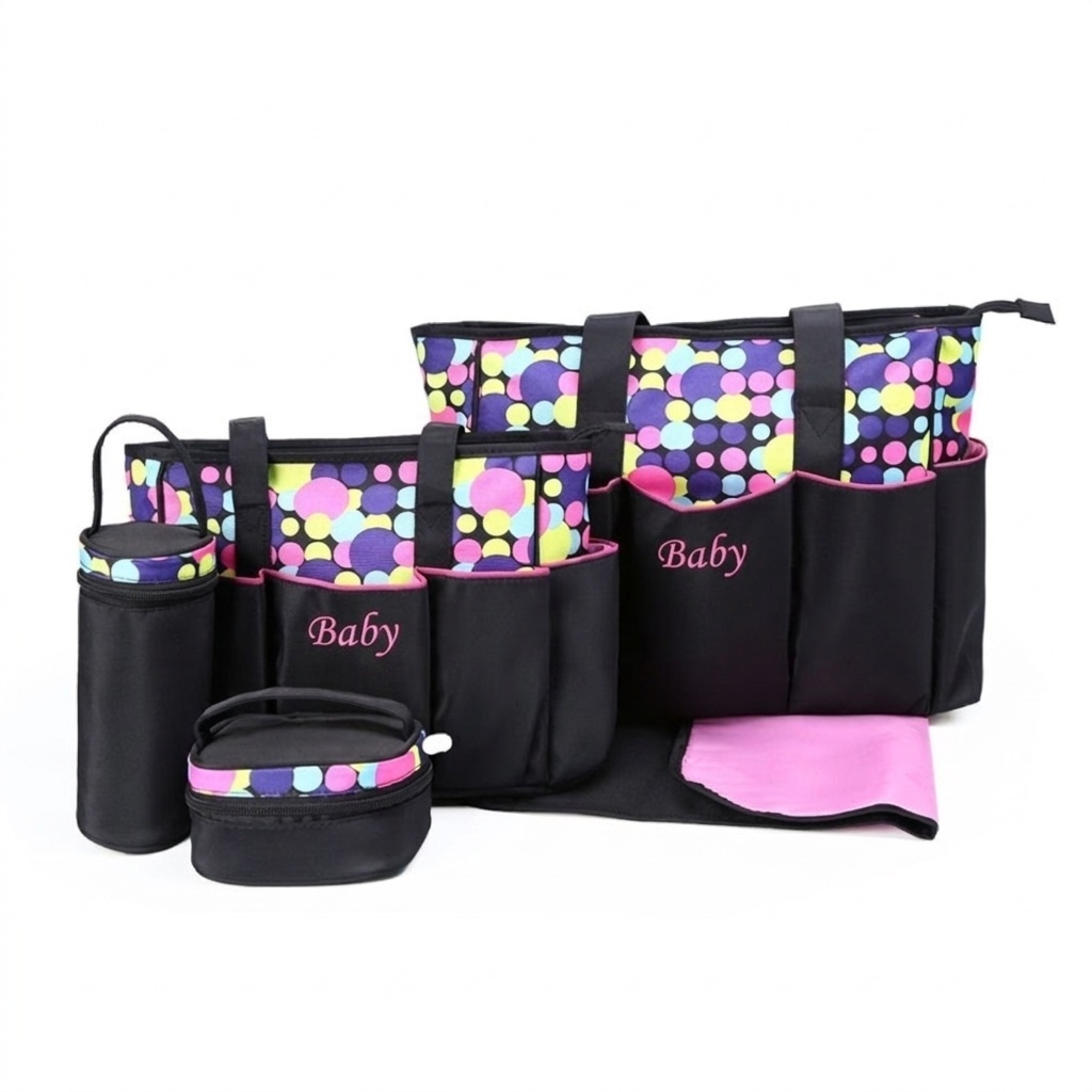 Set di 5 pezzi impermeabile per pannolini per neonati, borsa da viaggio capiente con fasciatoio, borsa termica per biberon e marsupio.