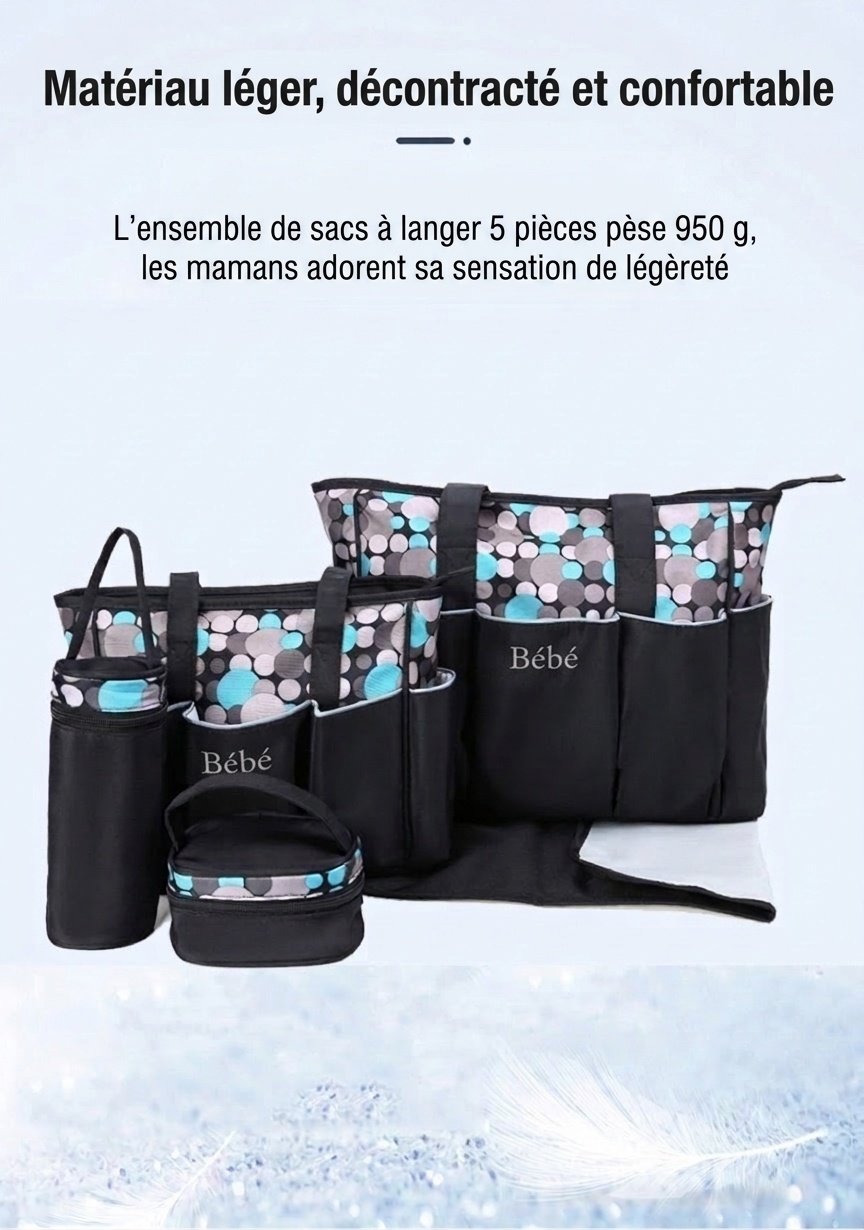 Ensemble de 5 pièces pour bébé : sac à langer imperméable, grand sac de voyage avec matelas à langer, sac isotherme pour biberon et pochette à goûter.