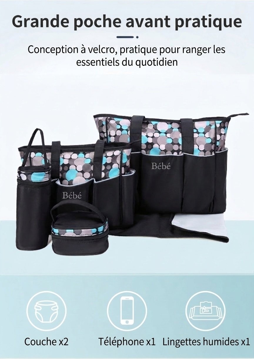 Ensemble de 5 pièces pour bébé : sac à langer imperméable, grand sac de voyage avec matelas à langer, sac isotherme pour biberon et pochette à goûter.