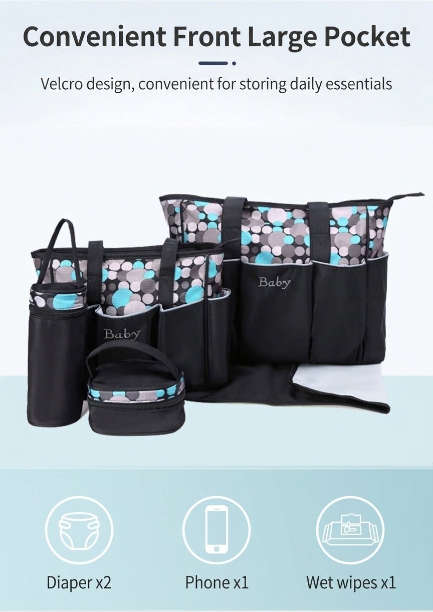 Set di 5 pezzi impermeabile per pannolini per neonati, borsa da viaggio capiente con fasciatoio, borsa termica per biberon e marsupio.
