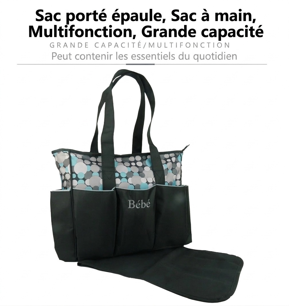 Ensemble de 5 pièces pour bébé : sac à langer imperméable, grand sac de voyage avec matelas à langer, sac isotherme pour biberon et pochette à goûter.