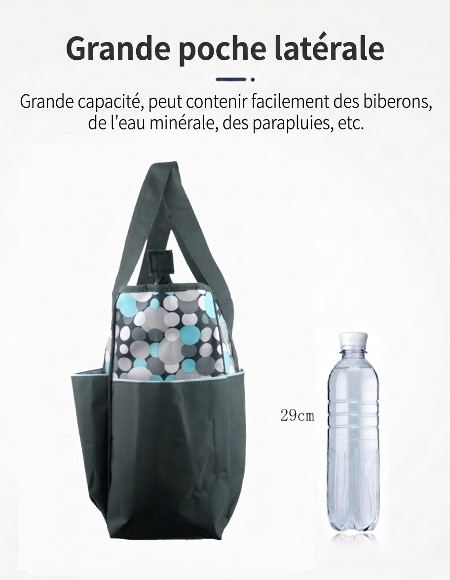 Ensemble de 5 pièces pour bébé : sac à langer imperméable, grand sac de voyage avec matelas à langer, sac isotherme pour biberon et pochette à goûter.