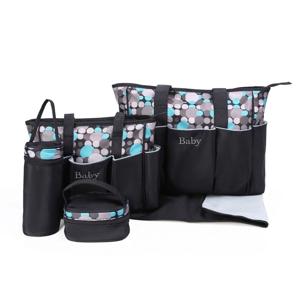 Set di 5 pezzi impermeabile per pannolini per neonati, borsa da viaggio capiente con fasciatoio, borsa termica per biberon e marsupio.