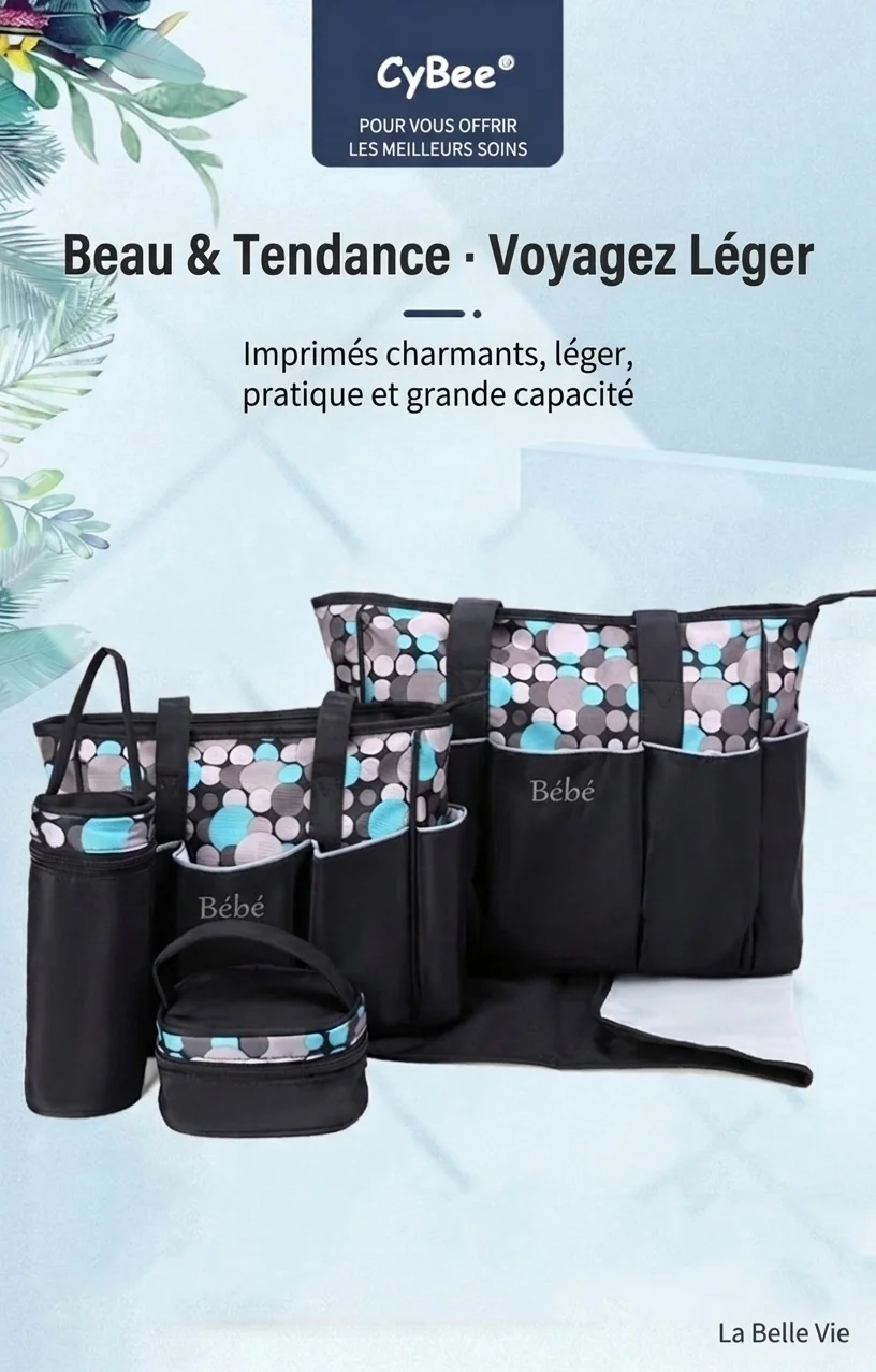 Ensemble de 5 pièces pour bébé : sac à langer imperméable, grand sac de voyage avec matelas à langer, sac isotherme pour biberon et pochette à goûter.