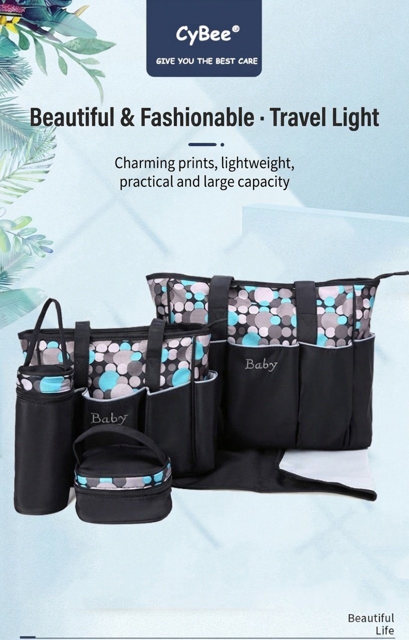 Set di 5 pezzi impermeabile per pannolini per neonati, borsa da viaggio capiente con fasciatoio, borsa termica per biberon e marsupio.
