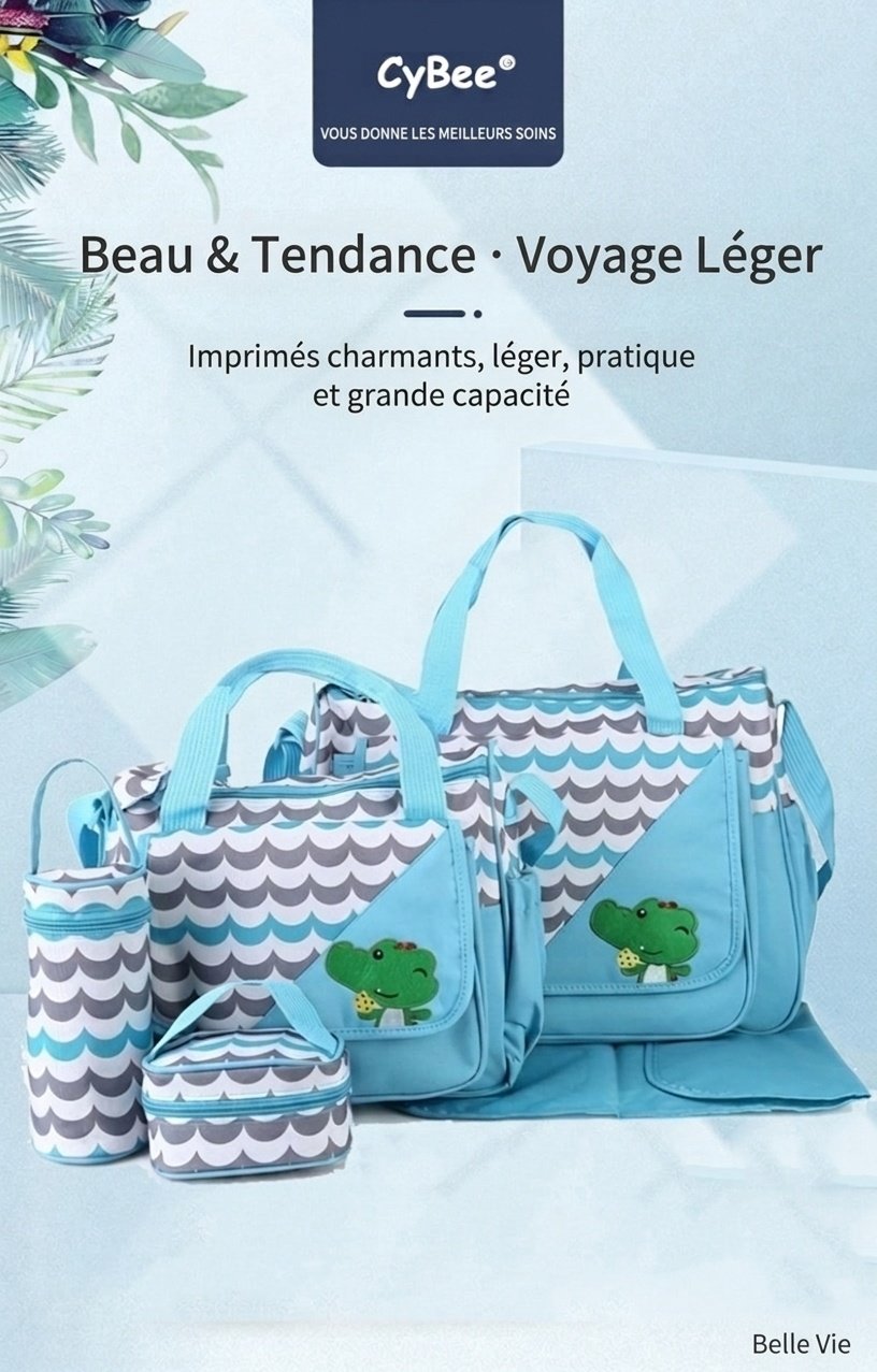 Ensemble de 5 pièces pour bébé avec sac à langer à motifs d'animaux, sac fourre-tout de maternité multi-poches avec matelas à langer, sac pour biberon et pochette repas