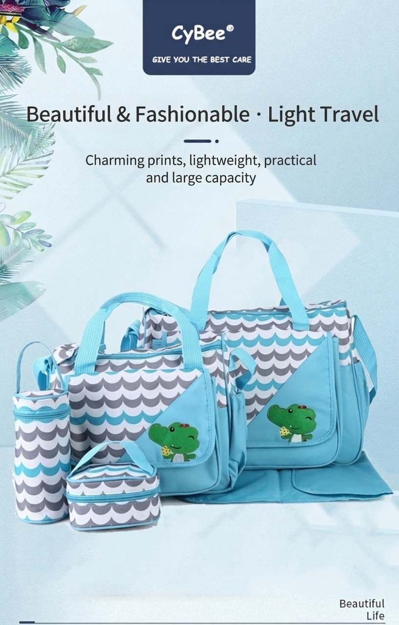 Set di 5 pezzi con borsa fasciatoio per neonati a tema animali dei cartoni animati, borsa premaman multi-tasche con fasciatoio, borsa per biberon e marsupio.