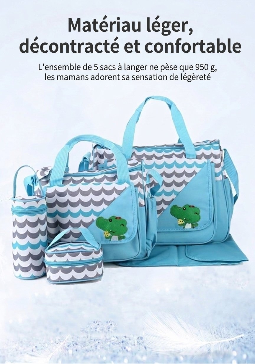 Ensemble de 5 pièces pour bébé avec sac à langer à motifs d'animaux, sac fourre-tout de maternité multi-poches avec matelas à langer, sac pour biberon et pochette repas