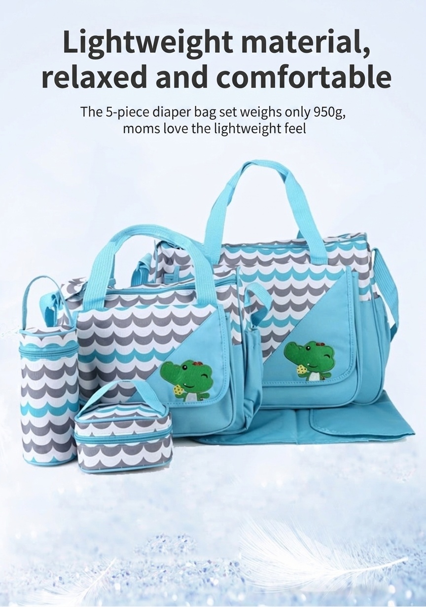 Set di 5 pezzi con borsa fasciatoio per neonati a tema animali dei cartoni animati, borsa premaman multi-tasche con fasciatoio, borsa per biberon e marsupio.