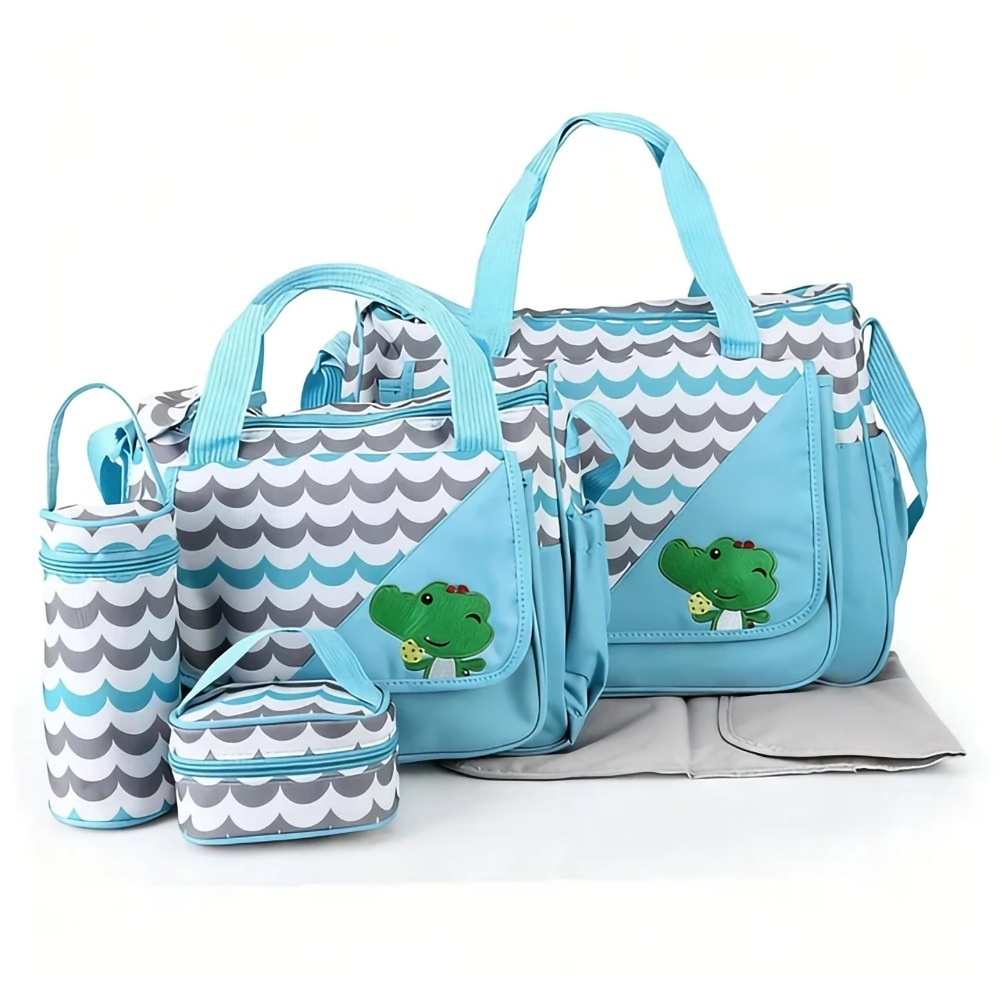 Set di 5 pezzi con borsa fasciatoio per neonati a tema animali dei cartoni animati, borsa premaman multi-tasche con fasciatoio, borsa per biberon e marsupio.
