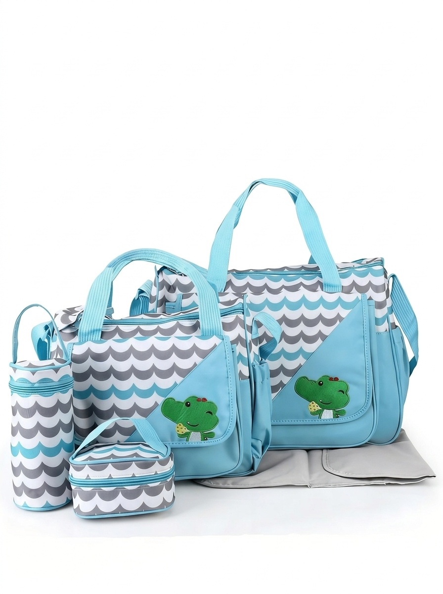 Set di 5 pezzi con borsa fasciatoio per neonati a tema animali dei cartoni animati, borsa premaman multi-tasche con fasciatoio, borsa per biberon e marsupio.