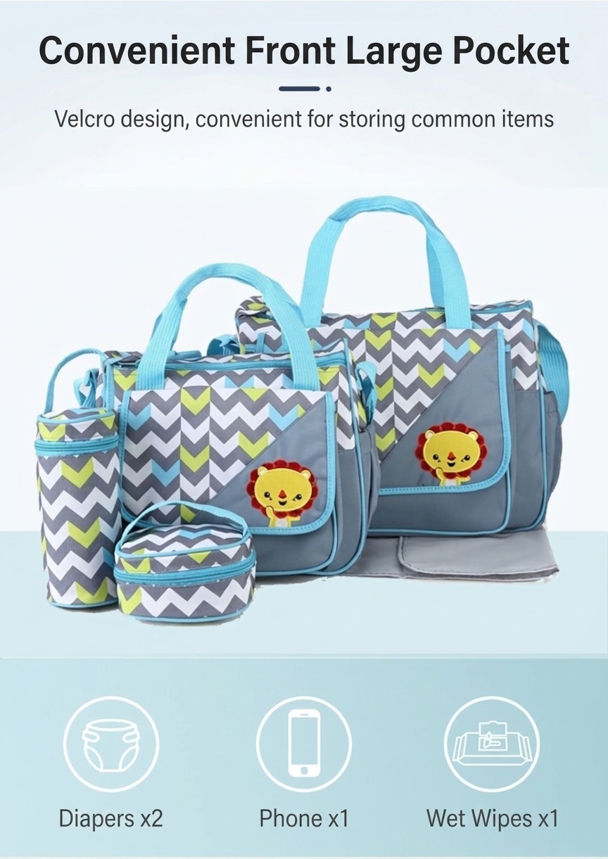 Set di 5 pezzi con borsa fasciatoio per neonati a tema animali dei cartoni animati, borsa premaman multi-tasche con fasciatoio, borsa per biberon e marsupio.