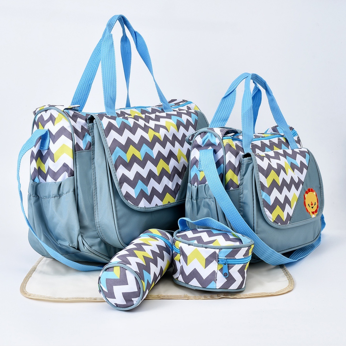 Set di 5 pezzi con borsa fasciatoio per neonati a tema animali dei cartoni animati, borsa premaman multi-tasche con fasciatoio, borsa per biberon e marsupio.