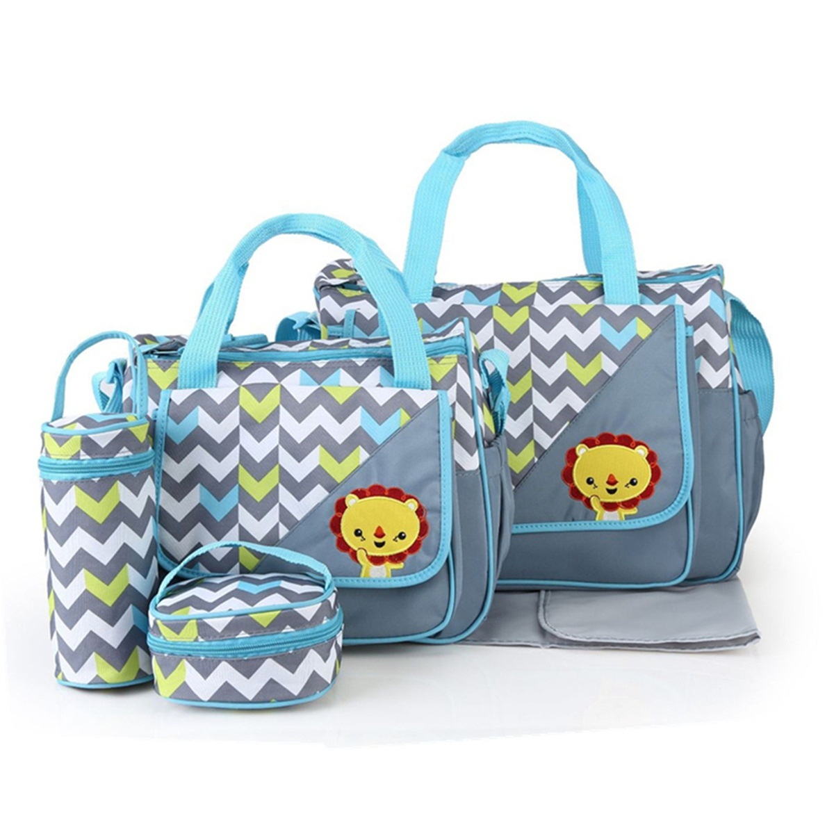 Set di 5 pezzi con borsa fasciatoio per neonati a tema animali dei cartoni animati, borsa premaman multi-tasche con fasciatoio, borsa per biberon e marsupio.