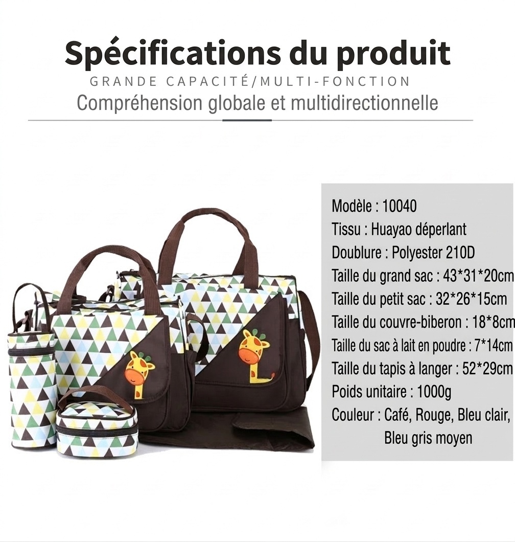 Ensemble de 5 pièces pour bébé avec sac à langer à motifs d'animaux, sac fourre-tout de maternité multi-poches avec matelas à langer, sac pour biberon et pochette repas