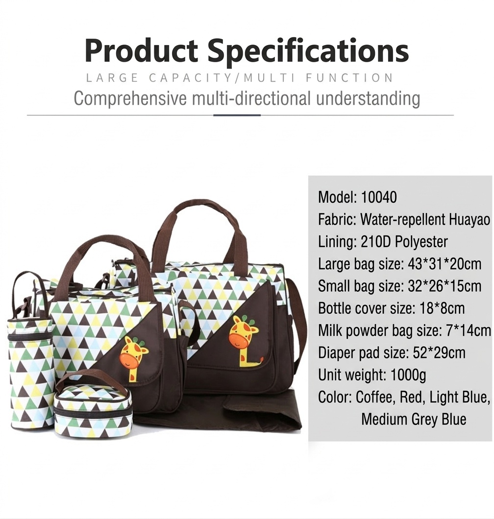 Set di 5 pezzi con borsa fasciatoio per neonati a tema animali dei cartoni animati, borsa premaman multi-tasche con fasciatoio, borsa per biberon e marsupio.