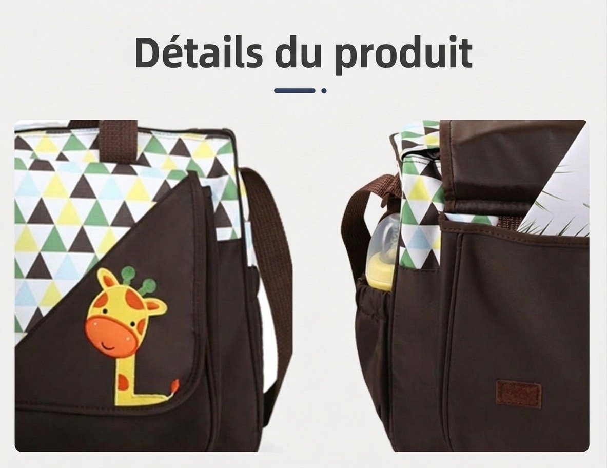 Ensemble de 5 pièces pour bébé avec sac à langer à motifs d'animaux, sac fourre-tout de maternité multi-poches avec matelas à langer, sac pour biberon et pochette repas