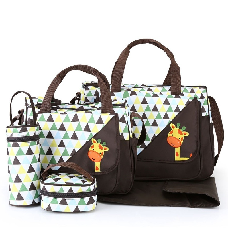 Set di 5 pezzi con borsa fasciatoio per neonati a tema animali dei cartoni animati, borsa premaman multi-tasche con fasciatoio, borsa per biberon e marsupio.