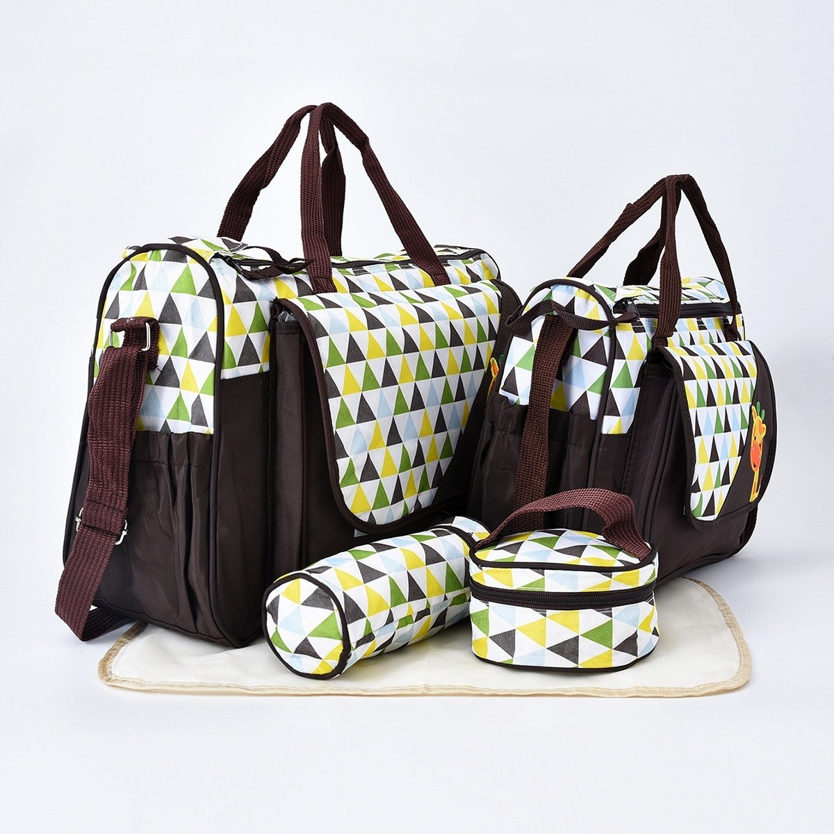 Set di 5 pezzi con borsa fasciatoio per neonati a tema animali dei cartoni animati, borsa premaman multi-tasche con fasciatoio, borsa per biberon e marsupio.