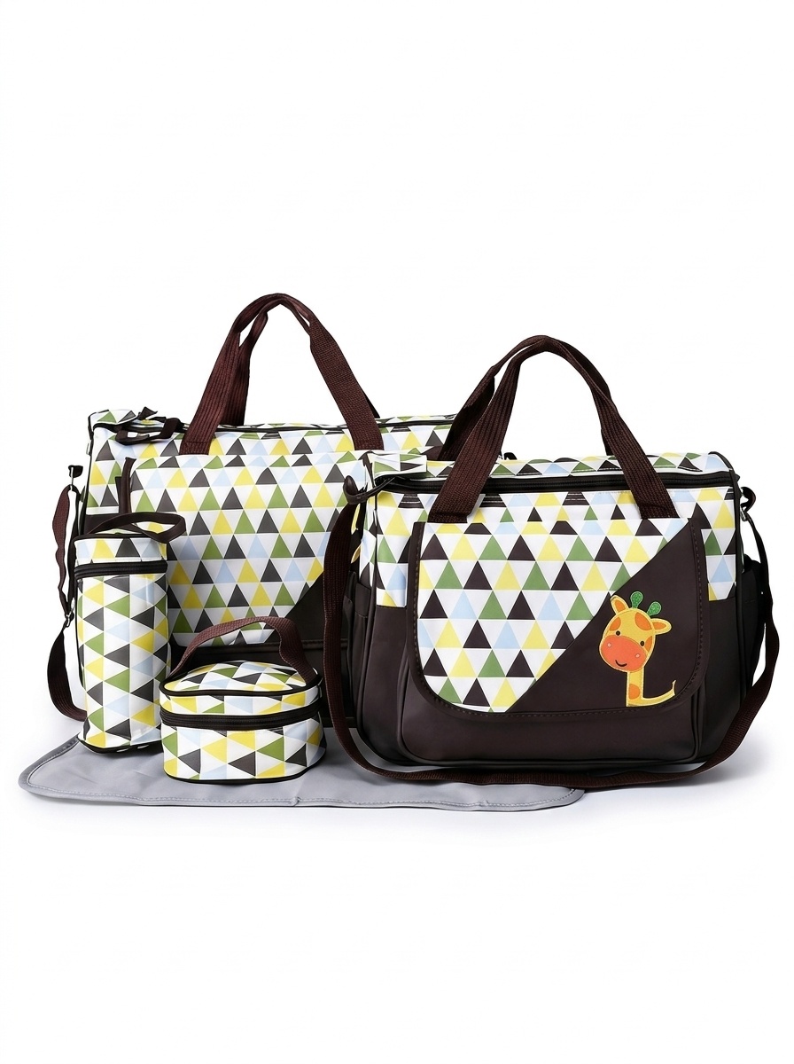 Set di 5 pezzi con borsa fasciatoio per neonati a tema animali dei cartoni animati, borsa premaman multi-tasche con fasciatoio, borsa per biberon e marsupio.