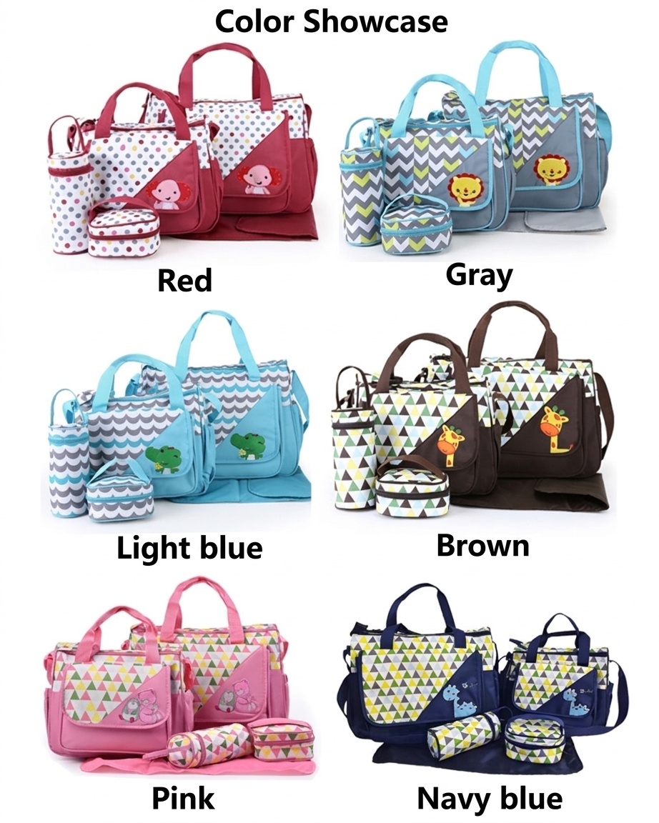 Set di 5 pezzi con borsa fasciatoio per neonati a tema animali dei cartoni animati, borsa premaman multi-tasche con fasciatoio, borsa per biberon e marsupio.