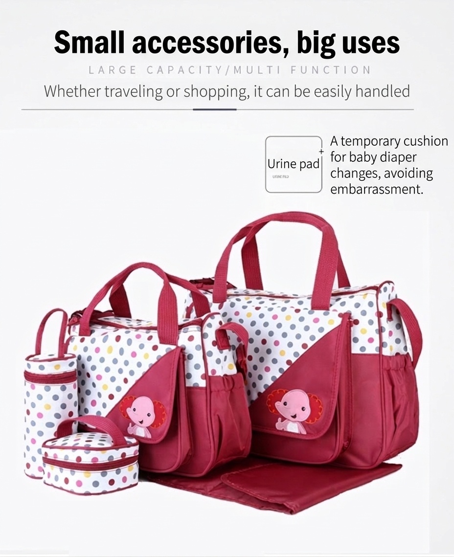 Set di 5 pezzi con borsa fasciatoio per neonati a tema animali dei cartoni animati, borsa premaman multi-tasche con fasciatoio, borsa per biberon e marsupio.