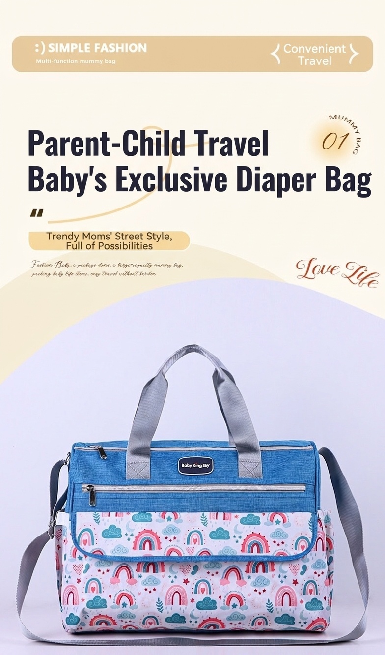 Conjunto de bolso cambiador para bebé con estampado de arcoíris, bolso de viaje multifuncional con cambiador portátil, estuche calientabiberones y bolsillo multiusos.