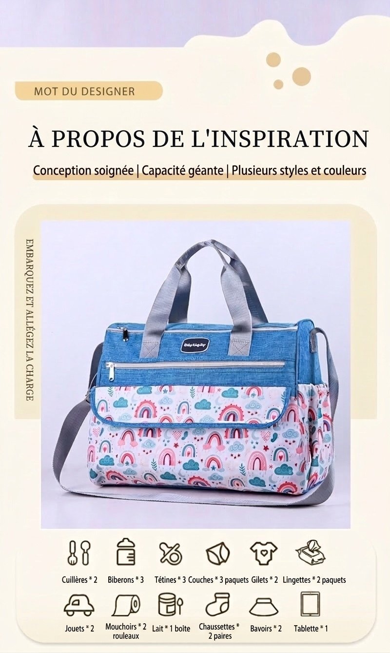 Ensemble sac à langer à motif arc-en-ciel, sac de voyage multifonction avec matelas à langer portable, étui chauffe-biberon et pochette de rangement
