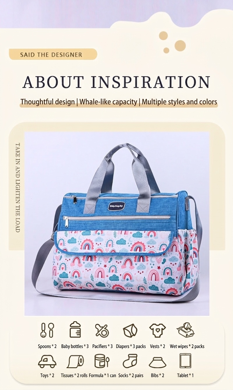 Conjunto de bolso cambiador para bebé con estampado de arcoíris, bolso de viaje multifuncional con cambiador portátil, estuche calientabiberones y bolsillo multiusos.